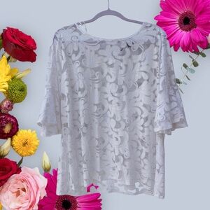 New Direction White Sheer Lace Tunic Top Blouse. Elegant White Lace Women’s Top